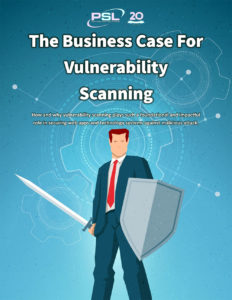 Cover image for the Business Case for Vulnerability Scanning PDF - Digital graphic of man holding a sword and shield in front of icons