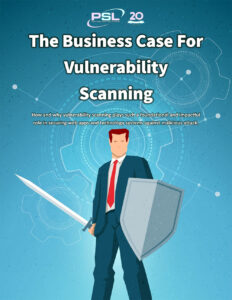 Cover image for the Business Case for Vulnerability Scanning PDF - Digital graphic of man holding a sword and shield in front of icons