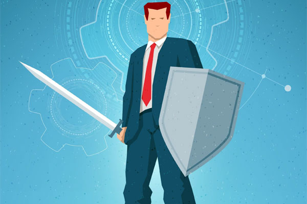 Digital graphic of a man in a business suit holding a sword and shield